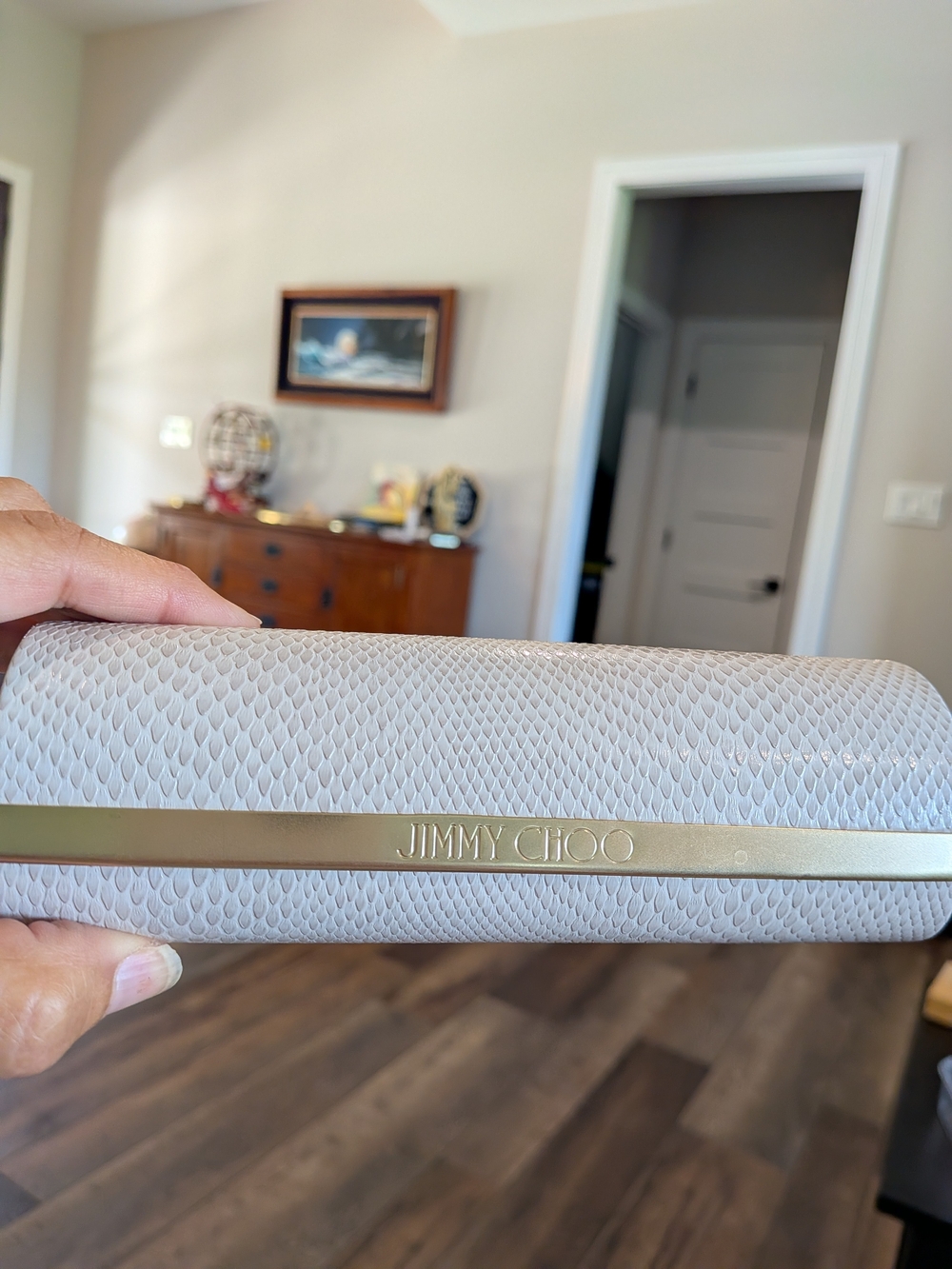 Jimmy Choo Silver Shimmer Hard Glasses Case Clamshell Box & Cloth Gold Logo Bar